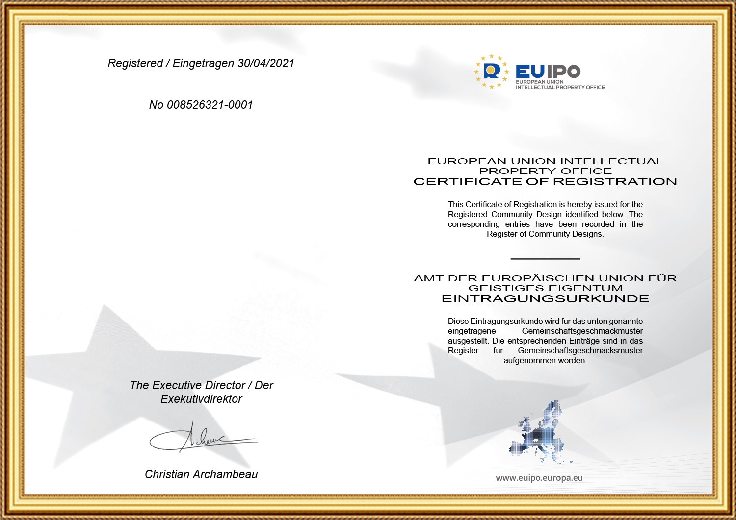 Semlamp IPL Hair Removal Device SL-B126 EU Appearance Design Patent Certificate Semlamp IPL Hair Removal Device SL-B126 EU Appearance Design Patent Certificate